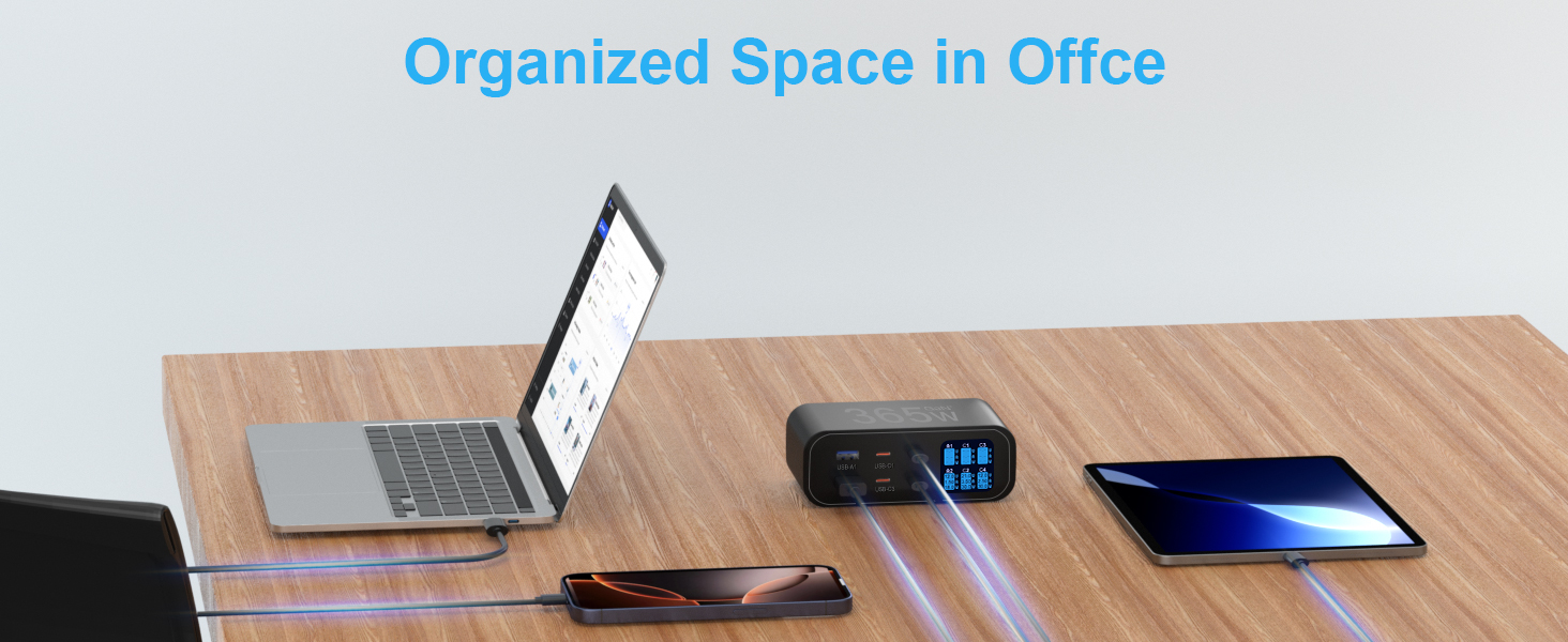 Зарядний пристрій USB-C 365W YSYFAD з 6 портами, PD 100W, QC 3.0, LED індикатор - для MacBook, ноутбуків, iPhone, iPad (Чорний)