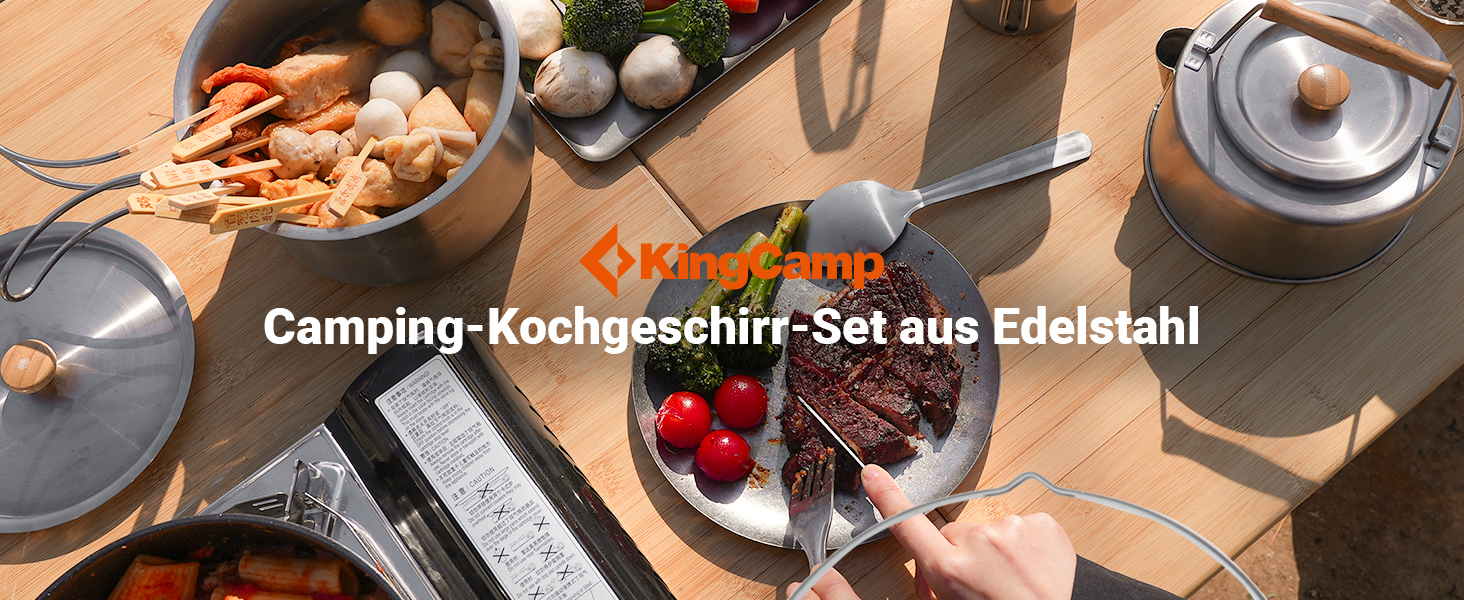 Набір посуду для кемпінгу KingCamp з кошиком, нержавіюча сталь, антипригарне покриття, 4-х частинний набір + чайник