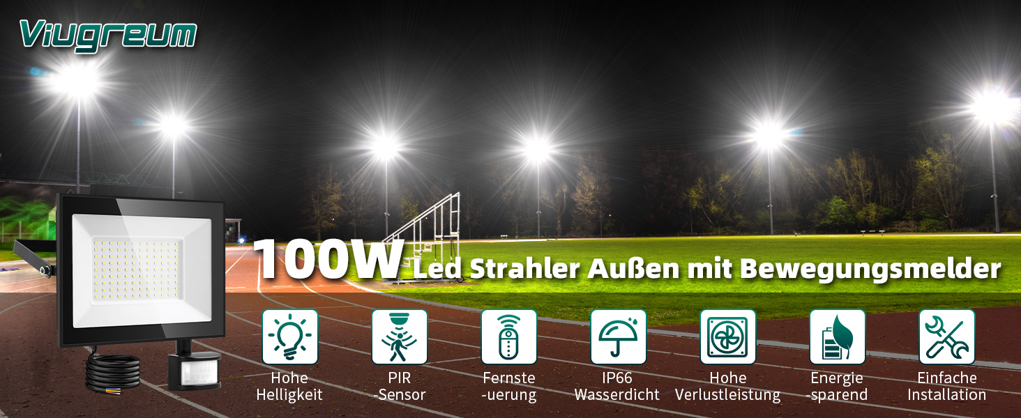 LED прожектор Viugreum 100W з датчиком руху, 15000 Лм, IP67, холодне світло, з пультом, для вулиці, саду, водонепроникний, комплект 2 шт.