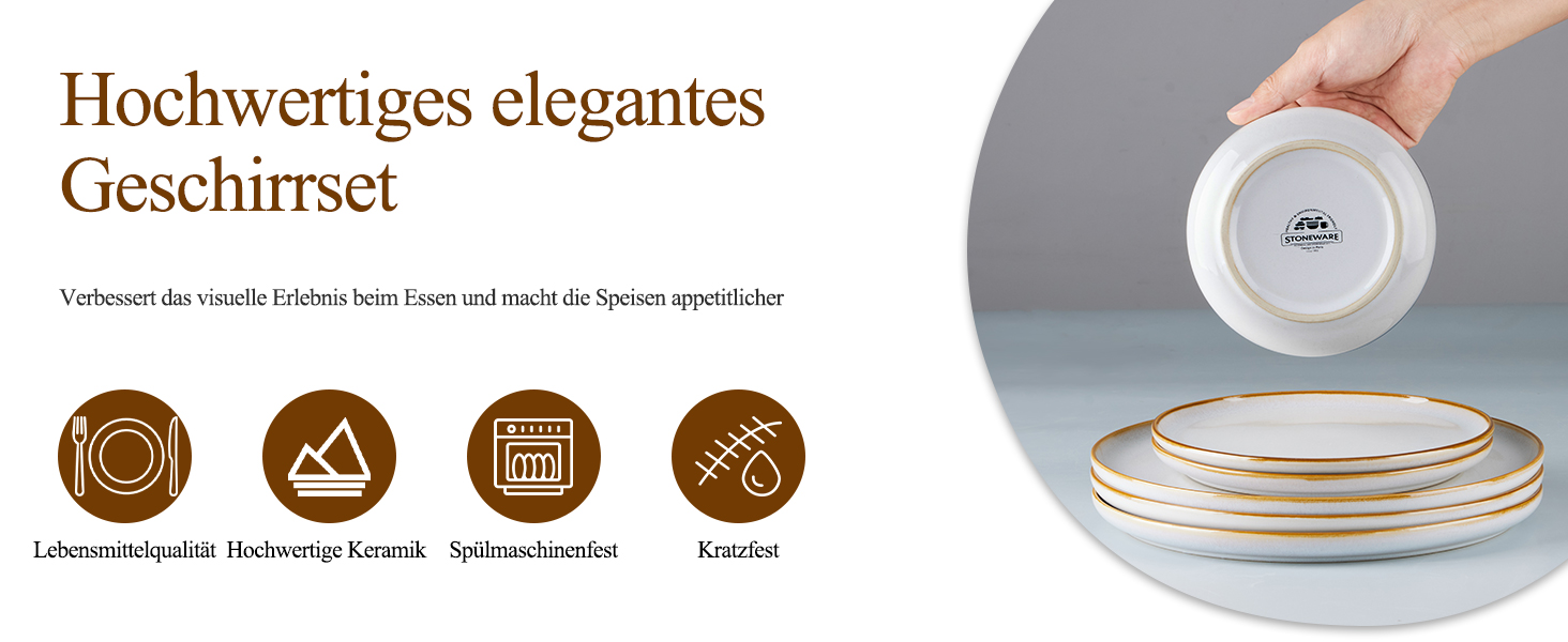 Набір посуду Joyfair на 6 осіб, 18 предметів: тарілки, миски, десертні тарілки, посуд з реактивної глазурі, для щоденного використання, сумісний з мікрохвильовою піччю та посудомийною машиною, пісочно-бежевий колір