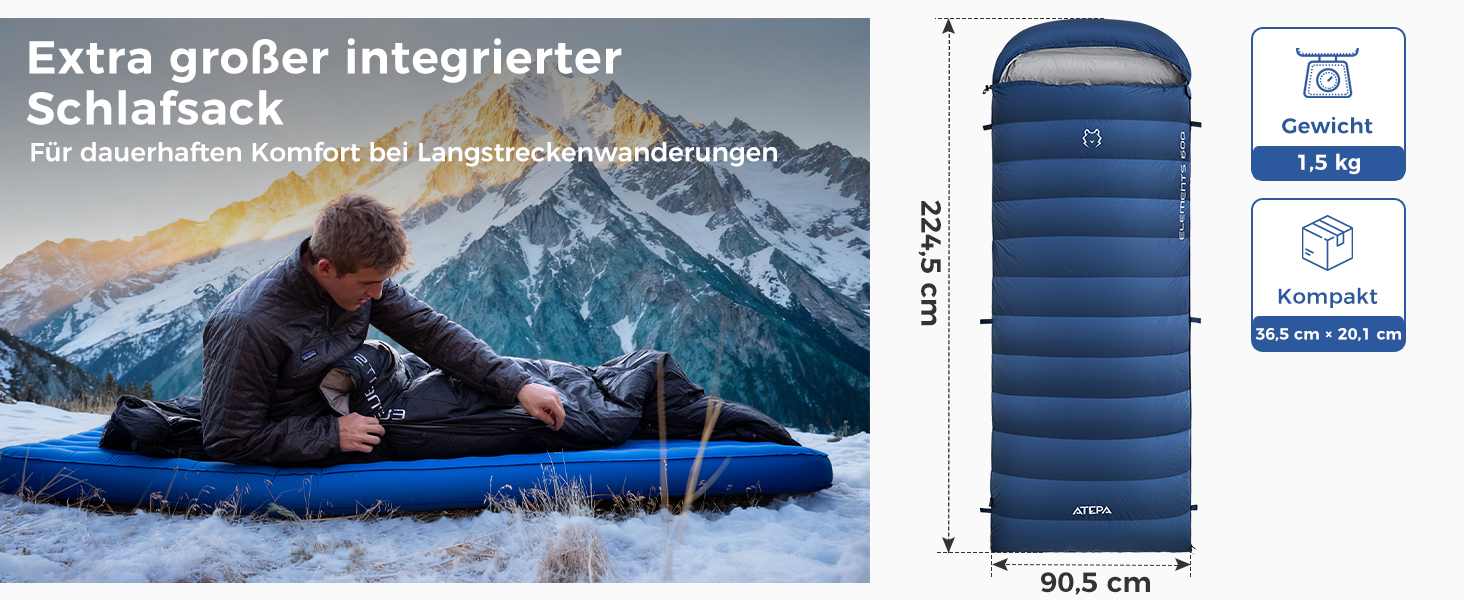 Спальний мішок ATEPA Elements Daunen 0°C, 3-в-1, ультралегкий, прямокутний, комфорт 4°C / ліміт -1°C, з компресійним мішком, для походів, кемпінгу та рюкзакових подорожей, Navy