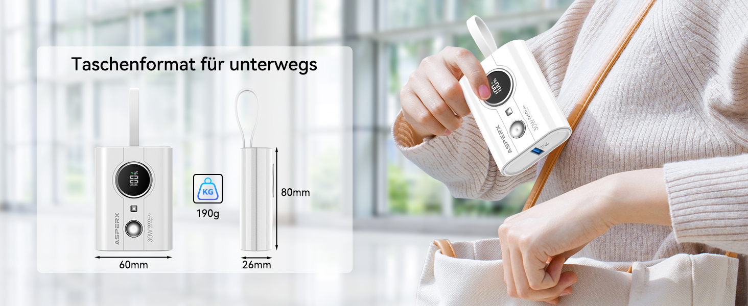 Power Bank AsperX 10000mAh з PD 30W, USB-C, білий. Швидка зарядка для iPhone 15/14, iPad. Компактний акумулятор