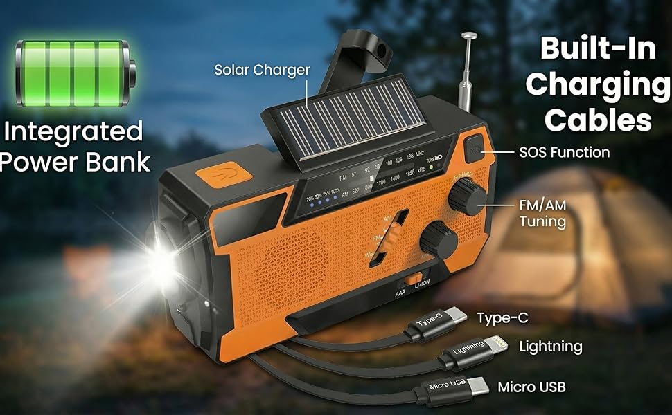 Радіо на батарейках/сонячній енергії з ручним генератором, Power Bank 2000mAh, AM/FM, SOS-сигнал, ліхтарик для кемпінгу та дому
