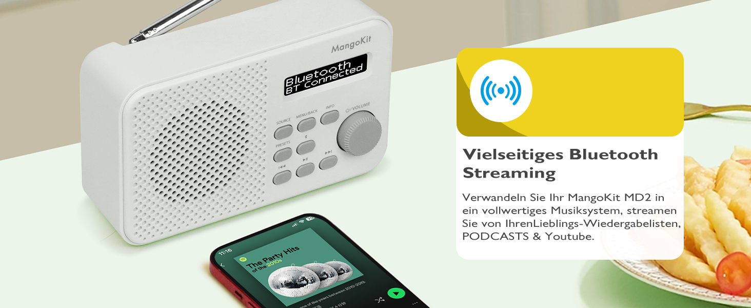 MD5 Стерео Радіо DAB з Bluetooth 5.3 та 2.4' Кольоровим Дисплеєм, Портативне Цифрове Радіо UKW, 2.0 Стереозвук, 40 Пам'ять, Будильник, Повторний Будильник & Сон, USB-C Живлення (Від Мережі або від Батареї) (Колір: Горіх, Моно Кам'яне Сіре)