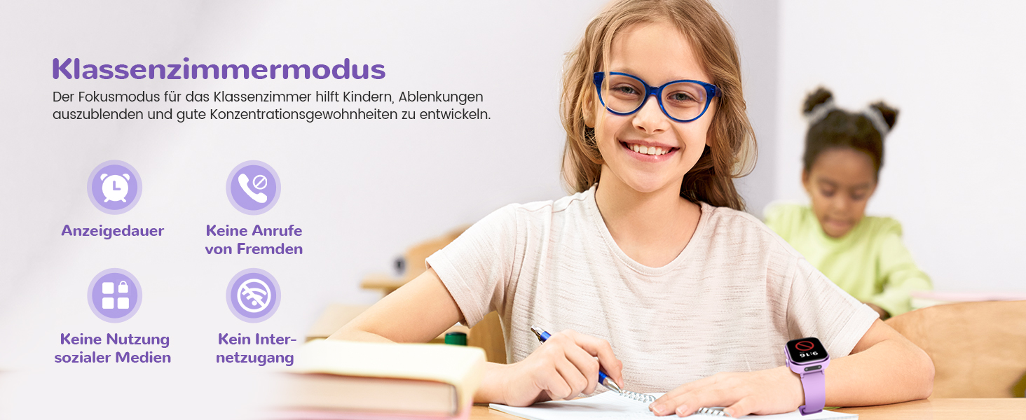 Дитячий розумний годинник зі GPS та телефоном, IP68, відеодзвінки, SOS, режим навчання, чат, SMS, ліхтарик, крокомір, будильник, годинник для дівчаток та хлопчиків, фіолетовий