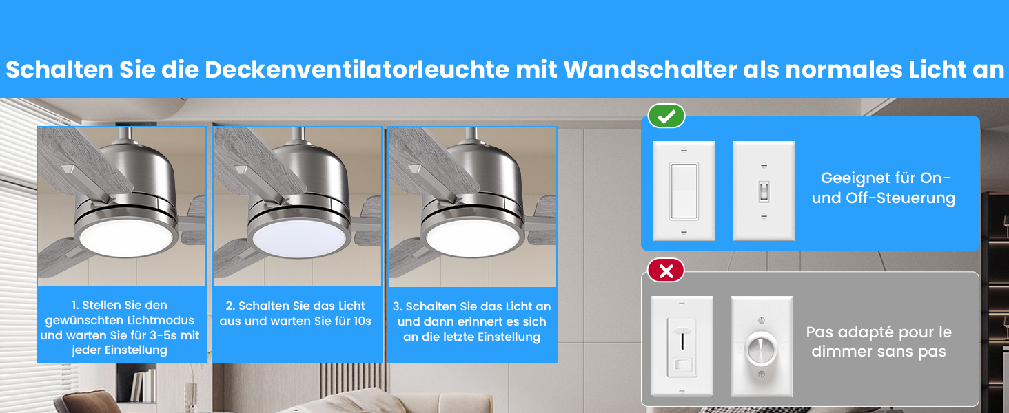 Стеляний вентилятор Newday білий, 122 см з підсвіткою та пультом керування. Безшумний вентилятор для стелі з лампою, регульована яскравість, DC мотор, реверсивний для спальні та вітальні (107-silber-holz)