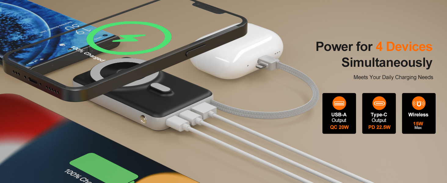 Powerbank MagSafe 20000mAh з PD 20W, USB-A, магнітним з'єднанням, інтегрованими кабелями, бездротовою зарядкою 15W, цифровим дисплеєм, сірий колір