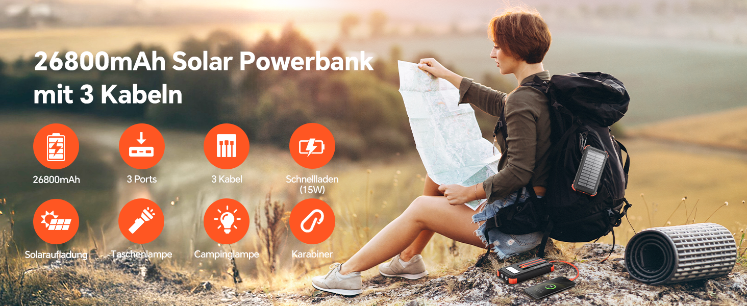 Сонячний Power Bank 26800mAh з PD15W, USB-C, 5 виходів, 3 входи, водонепроникний, з 3 кабелями, 2 ліхтариками та карабіном для кемпінгу, оранжевий