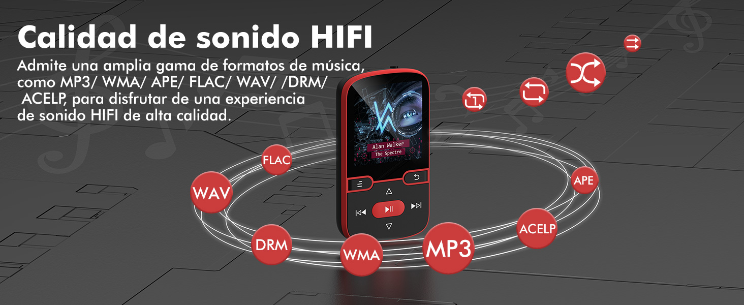 MP3 плеєр 64GB Bluetooth 5.3 з кліпсою, Hi-Fi, для спорту, з FM-радіо, диктофоном, крокоміром, підтримка картки до 128GB, червоний