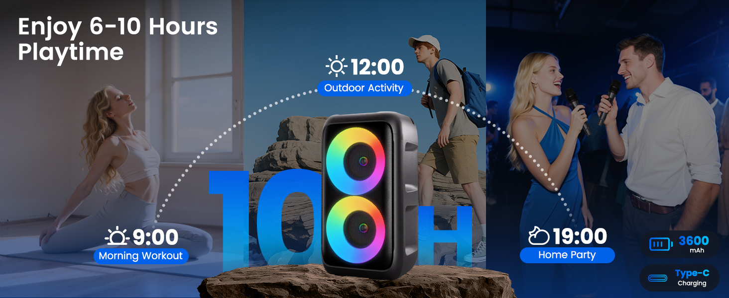 Караоке машина з 2 мікрофонами, портативна Bluetooth колонка з LED-підсвіткою, чорна