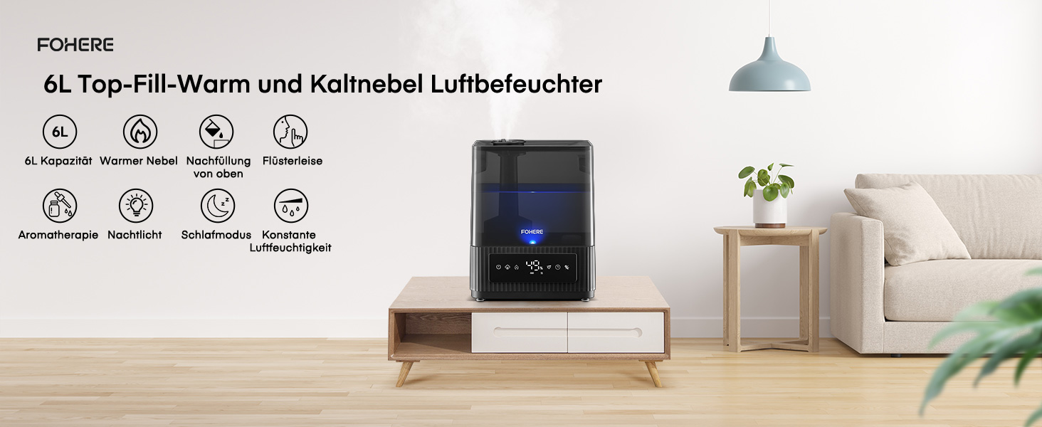 Зволожувач повітря FOHERE для спальні, 6 л, тихий, з теплим/холодним туманом, 60 годин роботи, дифузор для ефірних олій, режим сну, таймер 12 годин, нічник для дому, дитячої кімнати, рослин, немовлят та дітей