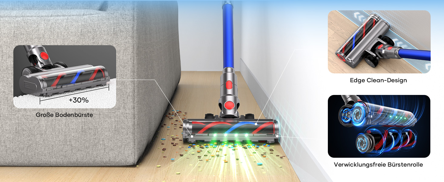 Бездротовий пилосос REBANIC S18 Max з дисплеєм, 600 Вт, 75 хвилин роботи, 58000 Па, об'єм контейнера 2 л, для твердих підлог, килимів, шерсті тварин, блакитний