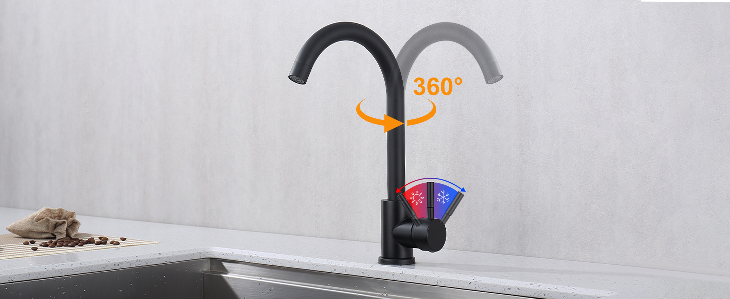 Кран кухонний HOMELODY чорного кольору, 360° поворотний, з високим виливом, з нержавіючої сталі, одноlever, G3/8 з'єднання