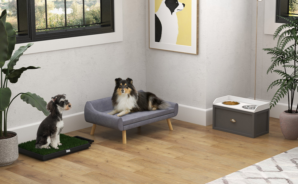 PawHut Софа для собак з м'яким подушками, лежанка для тварин з дерев'яним каркасом, знімний та пральний чохол, для середніх та великих собак (сіра)