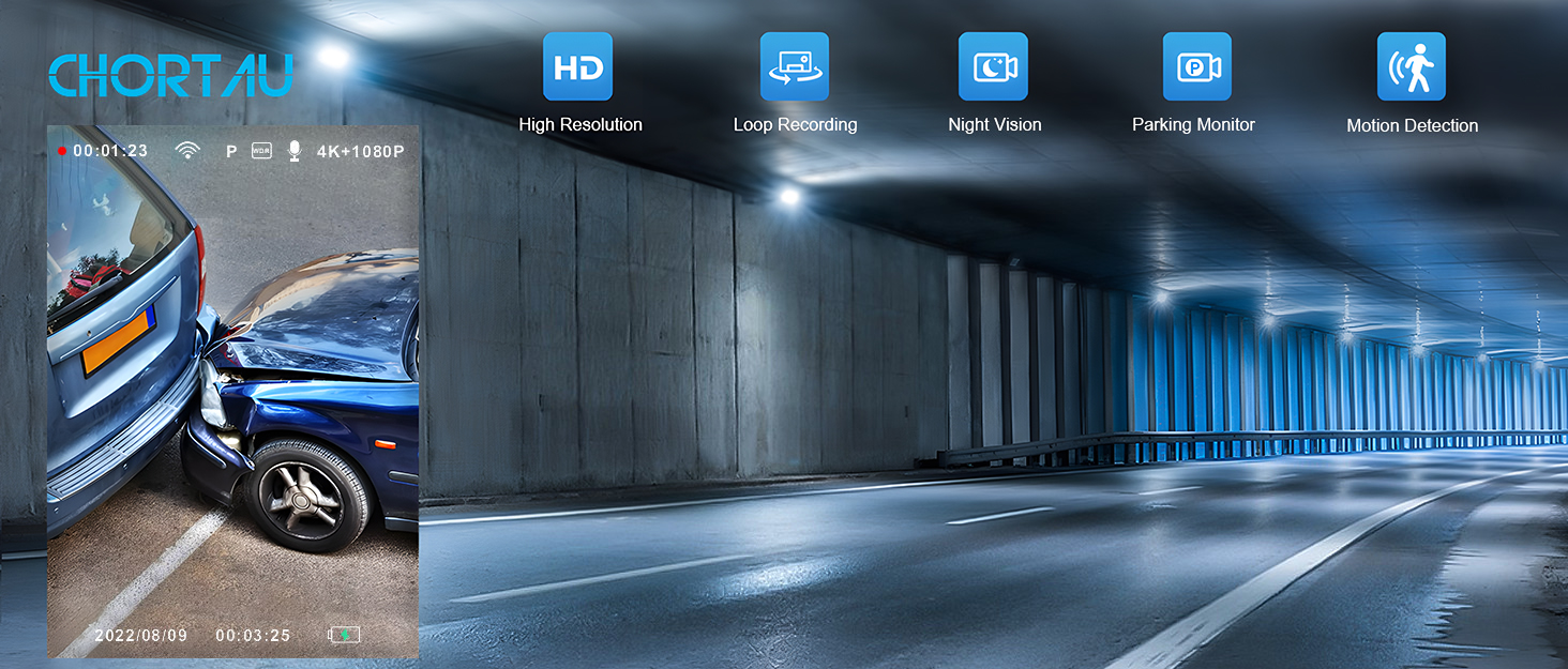Відеореєстратор Chortau Dashcam 4K+1080P з двома камерами, WiFi, LCD 3 дюйми, 64GB SD, Нічне бачення, G-сенсор, Park Mode