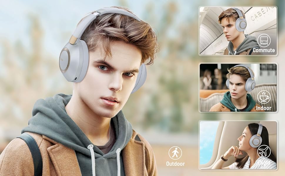 Бездротові навушники LORELEI B-C6 Over-Ear: 50 годин роботи, складні, легкі, Bluetooth, глибокі баси, мікрофон, memory foam, для подорожей (Бежево-білий, Сірий)