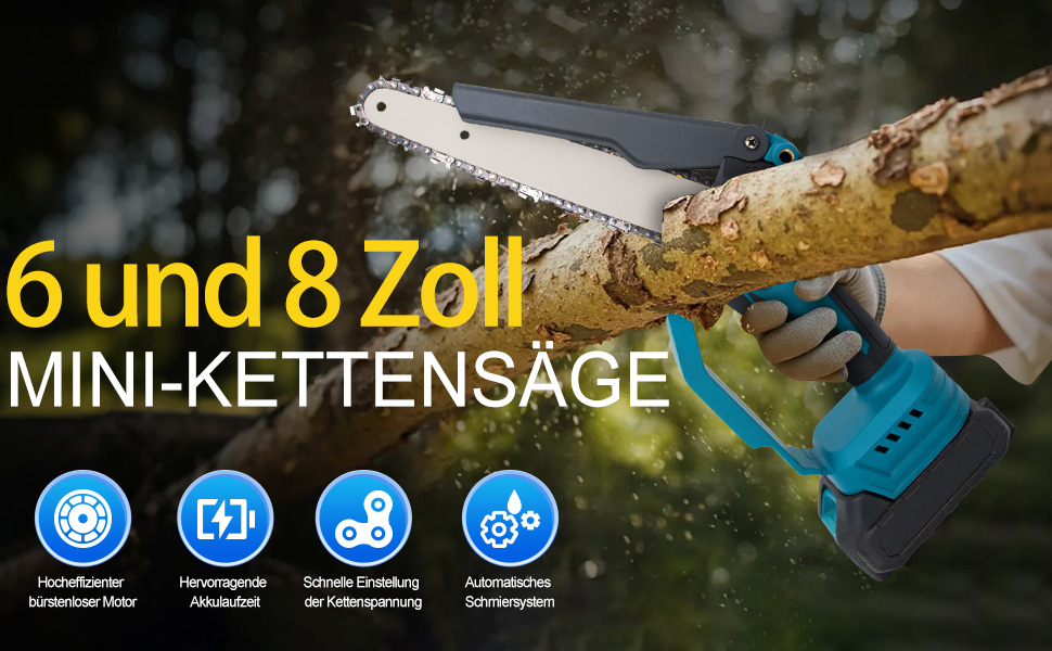 Акумуляторна міні-пила 6 дюймів (20 см) з безщітковим мотором, комплект з 2 ланцюгами 6 дюймів, 2 ланцюгами 8 дюймів, 2 направляючими плитами, 2 батареями високої ємності, для обрізки дерев та різання деревини, блакитна