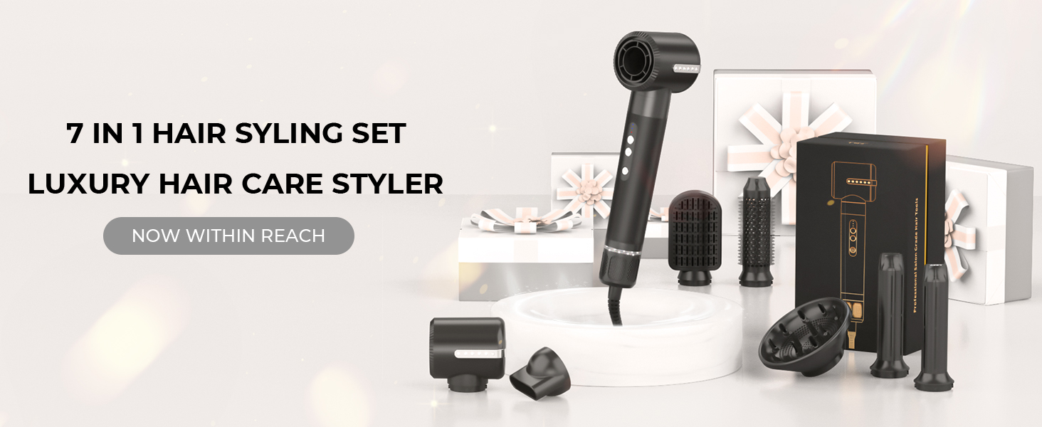 Набір для укладки волосся 7-в-1: фен, дифузор, щітка для укладки, автоматична плойка, випрямляч, чорний, 110000 RPM