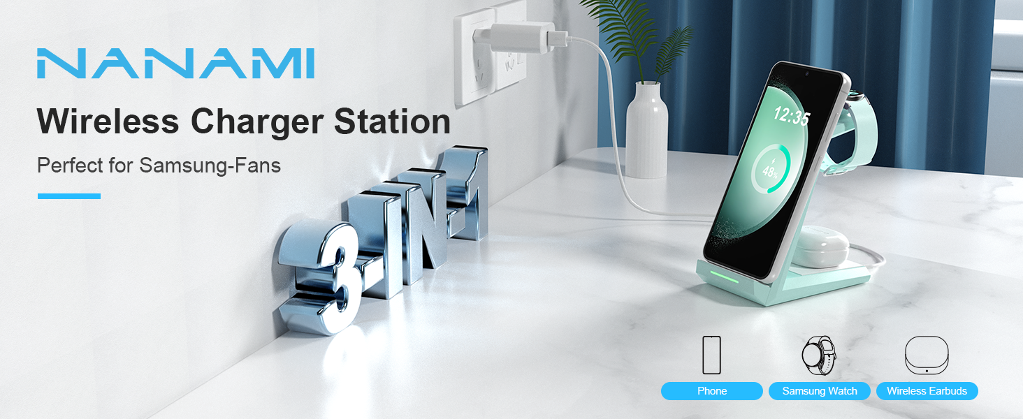 Зарядний пристрій NANAMI 3-в-1 для Samsung Galaxy Watch, Buds та смартфонів S25, S24, S23 Ultra, Z Flip, Z Fold (зелений)