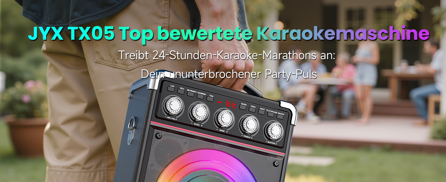 Караоке машина JYX з 2 бездротовими мікрофонами, портативна караоке система з підсвіткою RGB для дорослих та дітей - портативна Bluetooth караоке-бокс з мікрофоном та PA-динаміком, чорний Tx05