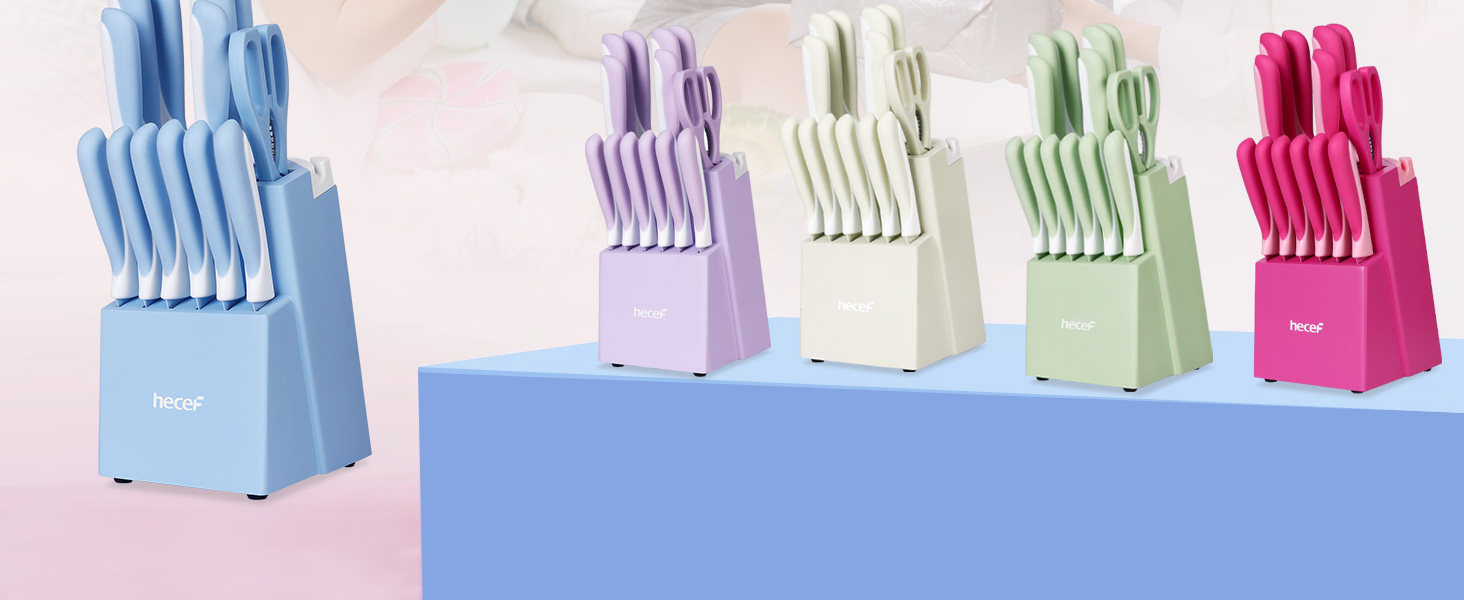 Набір ножів Hecef 14 предметів у блоці, з антипригарним покриттям, для миття в посудомийній машині, самозаточуваний блок, ергономічні ручки, кухонний набір для будь-якої кухні (блакитний)