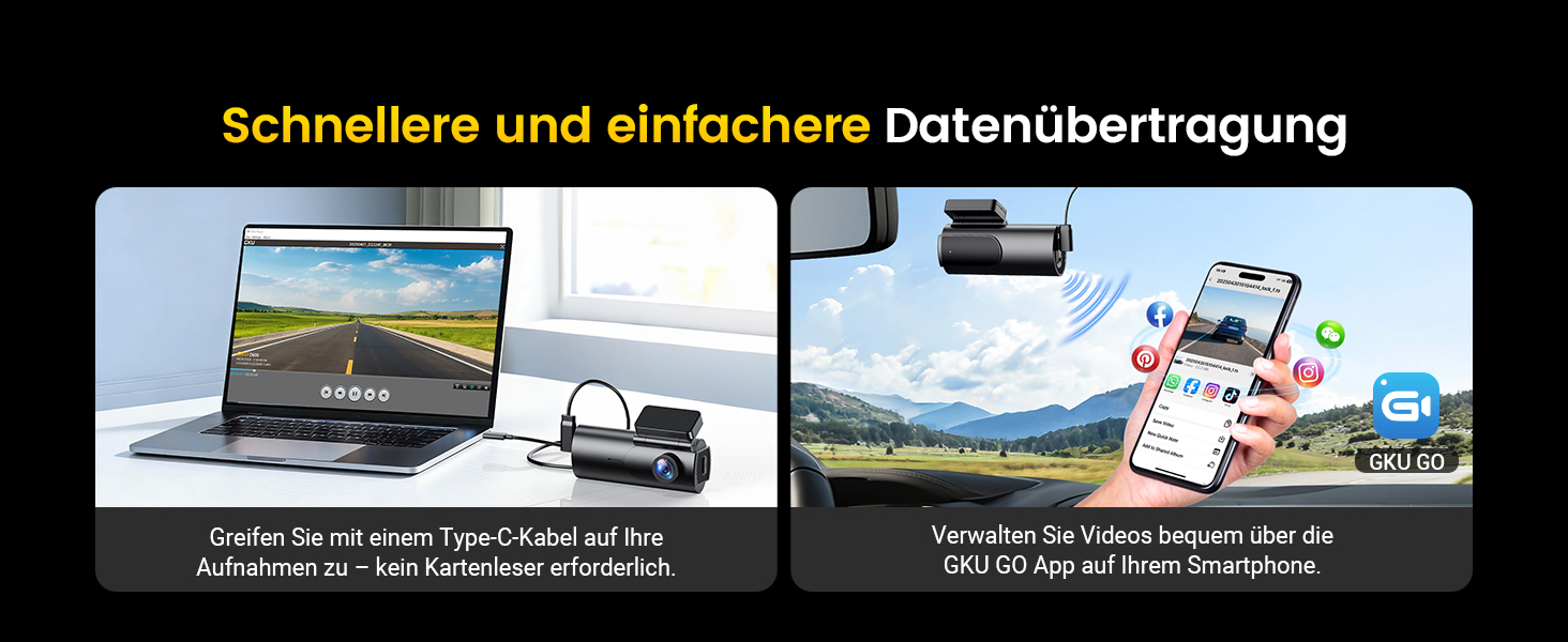 Автомобільний відеореєстратор GKU 4K+1080P (передній та задній), 5GHz WiFi, з карткою пам'яті 64GB, глянцевий чорний