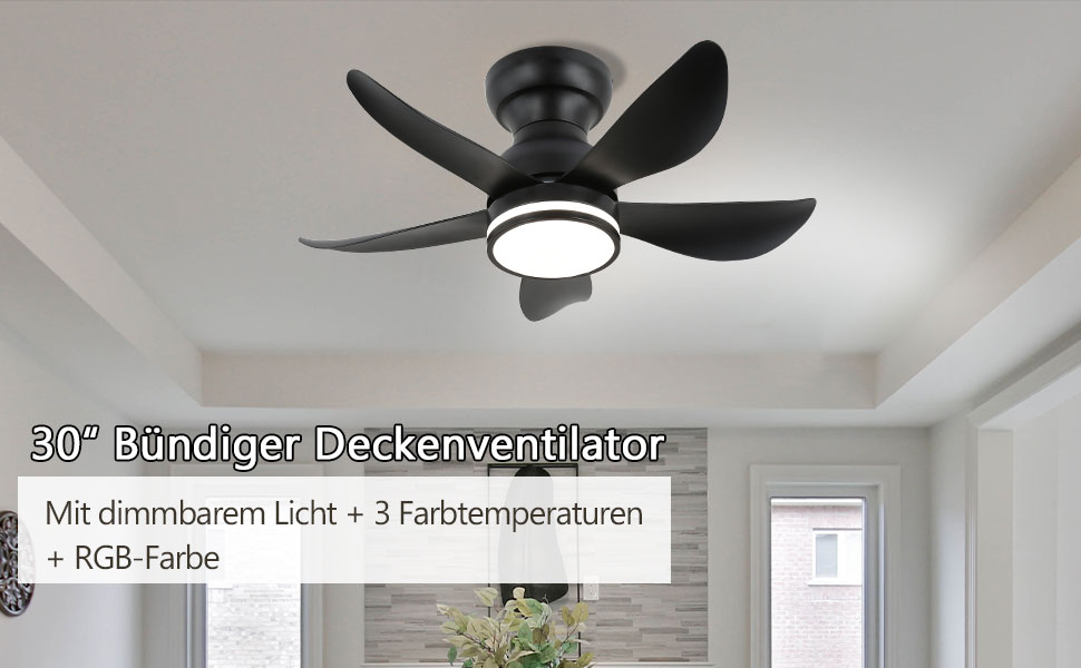 30-дюймовий стельовий вентилятор з підсвічуванням RGB, диммирування, керування пультом та додатком, 6 швидкостей, таймер, чорний, діаметр 76 см