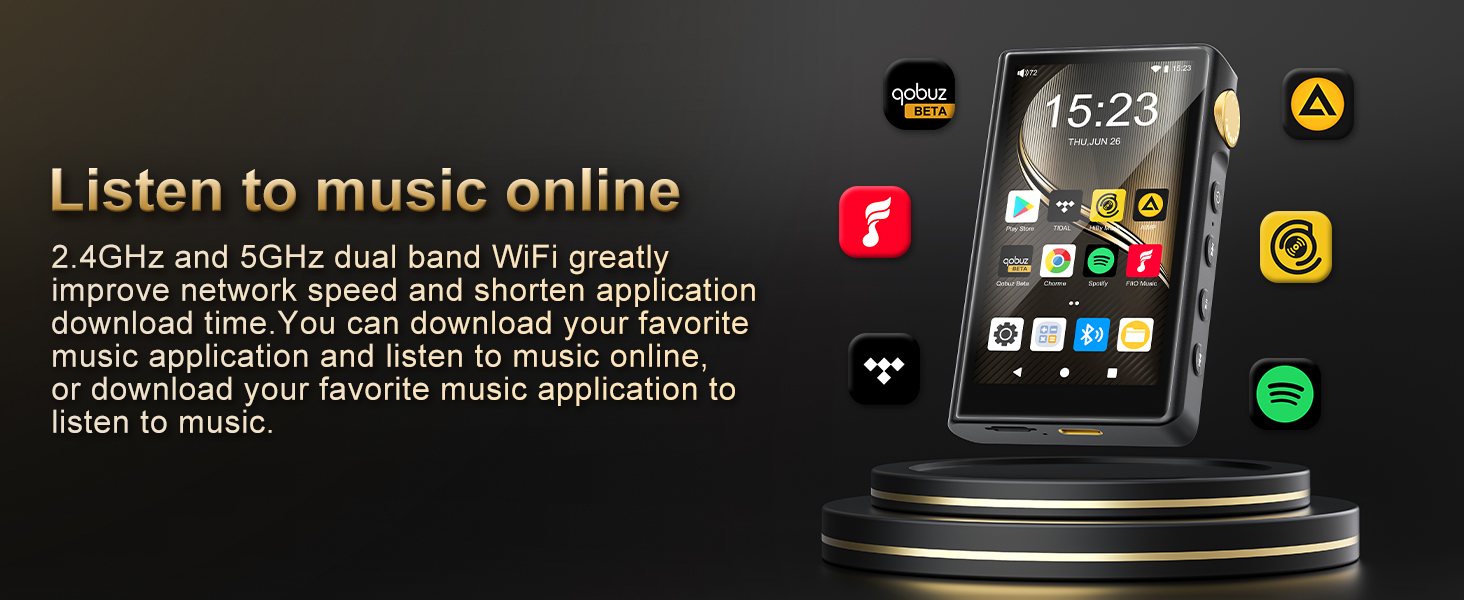 HiFi MP3 плеєр ZAQE з Bluetooth та WiFi, Android 12, Lossless DSD DAC, підтримка Flac, 64GB карта пам'яті (до 512GB), чорний