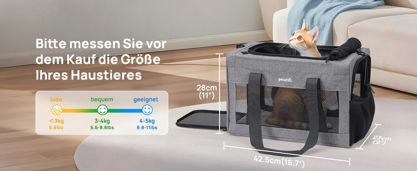 Транспортна сумка для котів Pecute Katzentasche: міцна переноска для домашніх тварин, легка, складана, для котів та маленьких собак, ідеальна для подорожей та до ветеринара, до 4 кг (44 x 23 x 30 см, темно-сірий)