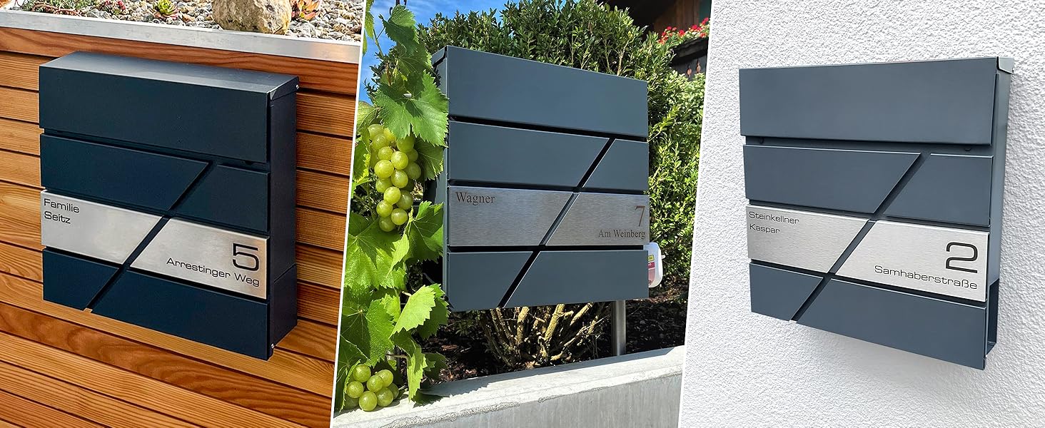 Поштова скринька Metzler персоналізована з гравіюванням, нержавіюча сталь, відділення для газет, замок, вологостійка, антрацит RAL 7016, настінний монтаж 37x37x10.5 см