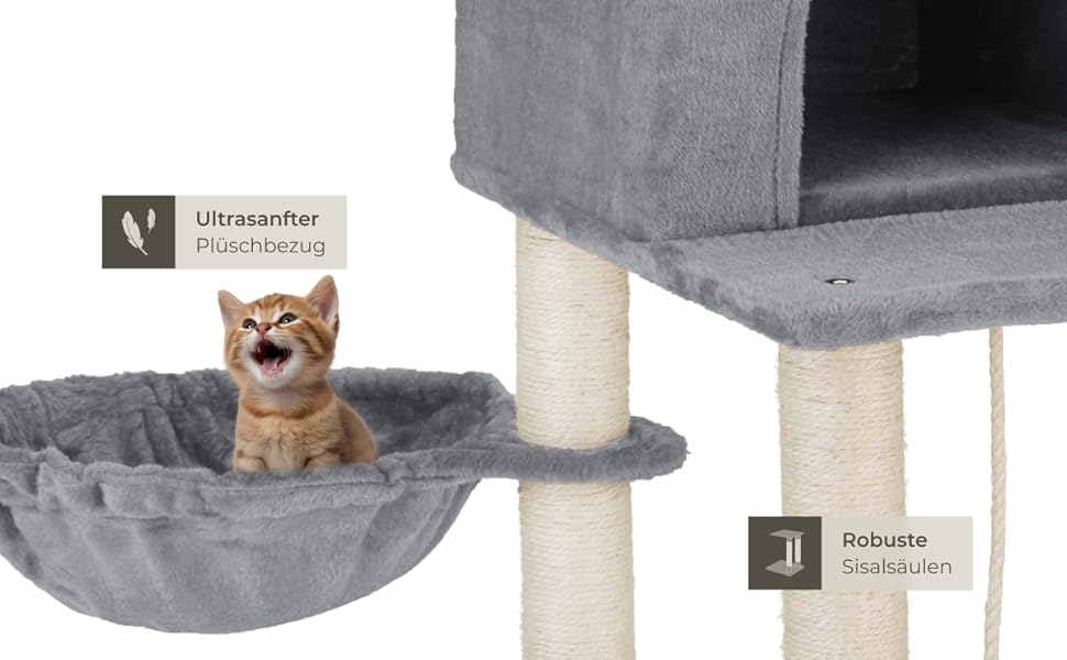 Тектейк® XXL Дерево для котів велике, з аксесуарами: лежанки, гамак, будиночок, іграшки, мотузка з сизалю, стійка для дряпання, висота 165 см, сірий | 402931