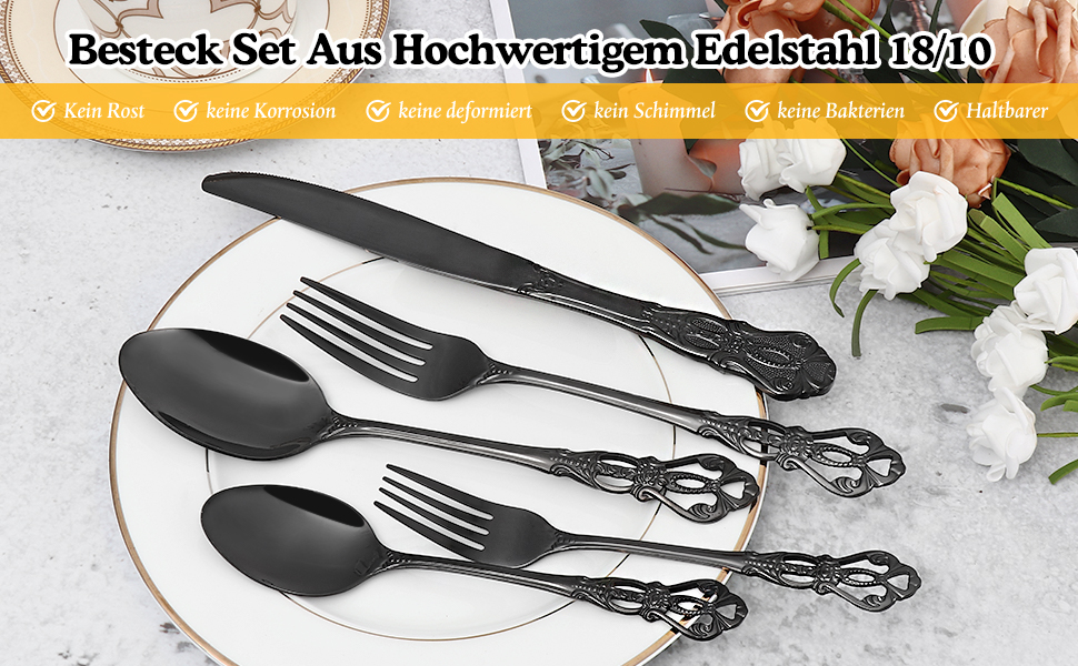 Набір столових приборів 20 предметів, чорний, нержавіюча сталь, Vintage Palast - для 4 осіб, полірований, для посудомийної машини