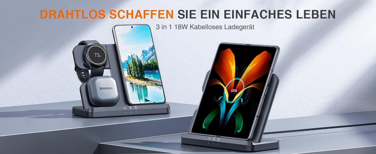 Бездротова зарядка 3-в-1 Samsung: для Galaxy Watch 8/7/6/5/4, Galaxy Buds, Galaxy S26/S25/S24/S23/S22, Z Flip/Fold (Чорний матовий)