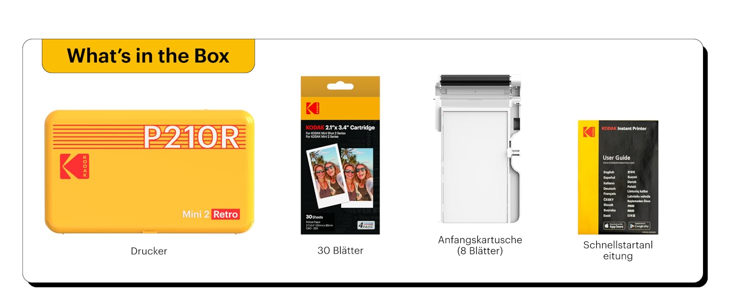 KODAK Mini 2 Retro: Портативний фотопринтер для смартфонів з Bluetooth, 54x86 мм, комплект з папером (38+68 аркушів)