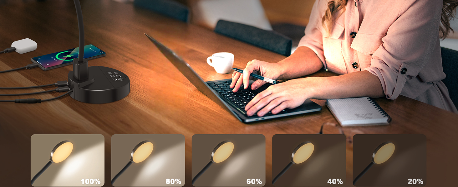 LED настільна лампа 15W з USB-A та USB-C, диммування, 3 колірні температури, 5 рівнів яскравості, таймер, гнусий 360° шийка, захист для очей, для офісу та спальні - Чорний, 3.5 дюйми