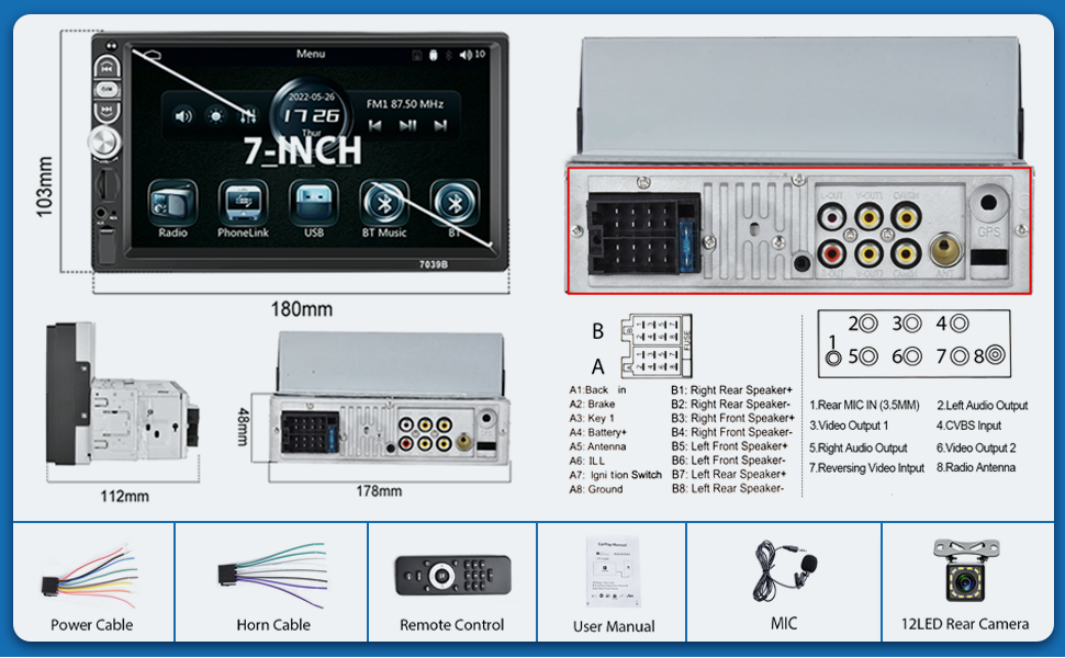 Автомагнітола 1 DIN Carplay з Android Auto, Bluetooth, 7
