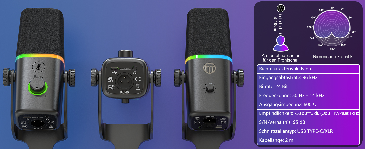 Динамічний мікрофон Haomuren XLR/USB з RGB-підсвіткою для геймінгу, подкастів та YouTube