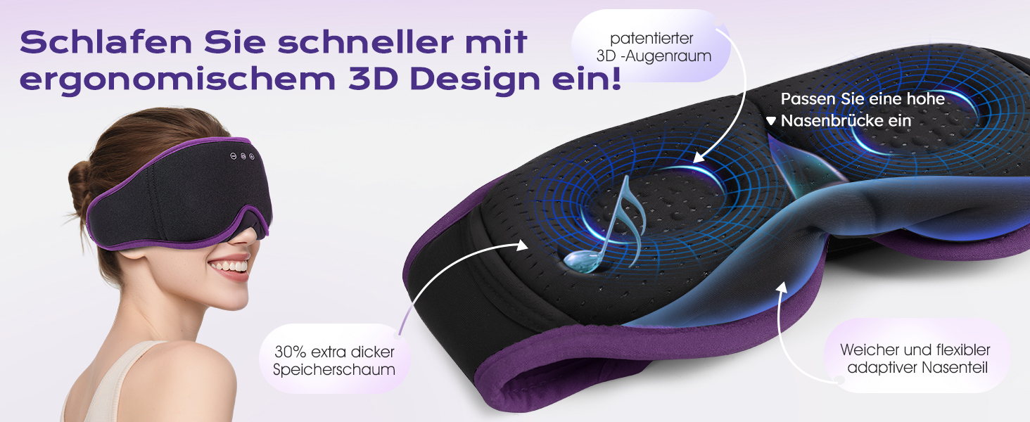 3D Маска для сну з навушниками Bluetooth Dolida Лаванда: повна блокада світла, комфортний сон, для жінок та чоловіків