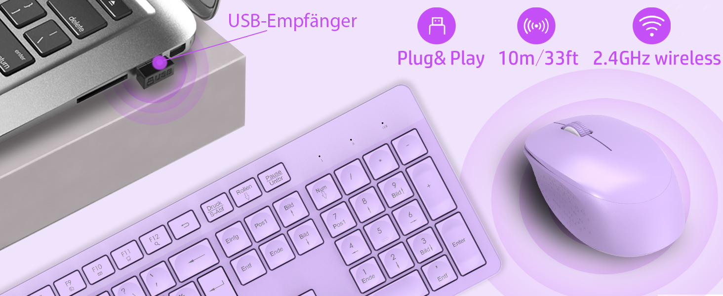 Бездротовий комплект клавіатури та миші Leadsail K786 з цифровою клавіатурою QWERTZ (Німецька) - тиха клавіатура, 2.4 GHz, USB Nano приймач для ПК/ноутбука (фіолетовий)