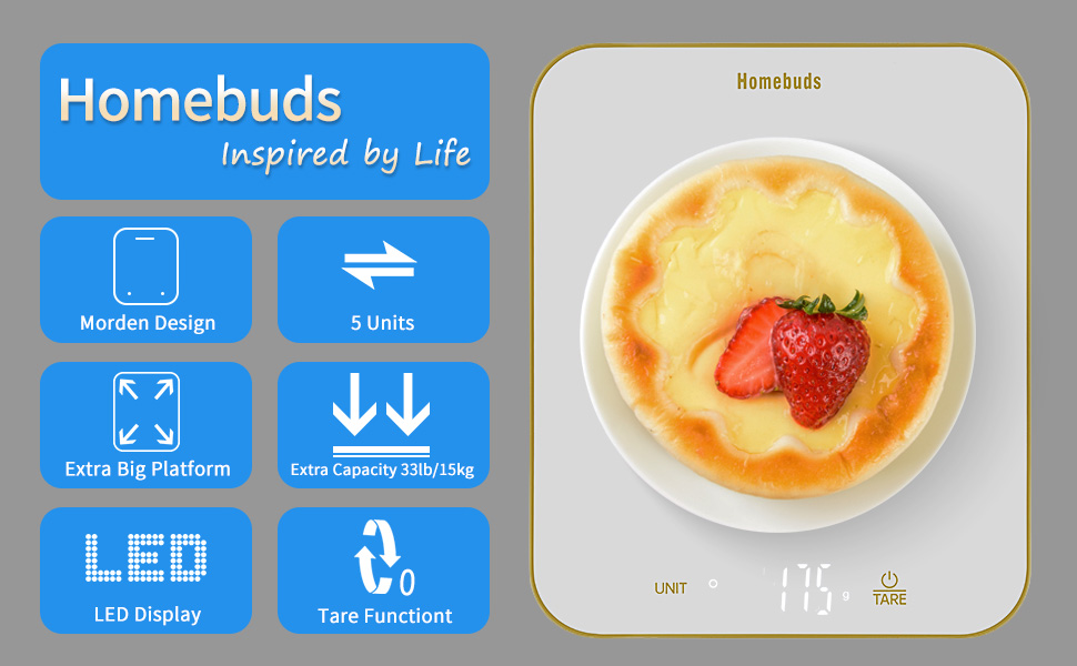 Кухонні ваги Homebuds 15 кг, цифрові, з LED-дисплеєм, точність 1 г/0,1 унції, для випічки та приготування їжі, скло, 3 AAA батарейки в комплекті