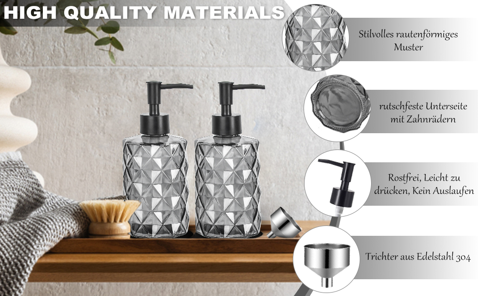 Дозатор мила чорний, скляний дозатор для ванної кімнати, наповнюваний дозатор з нержавіючою сталею, 2 підставки, 330 мл, вінтажний дизайн