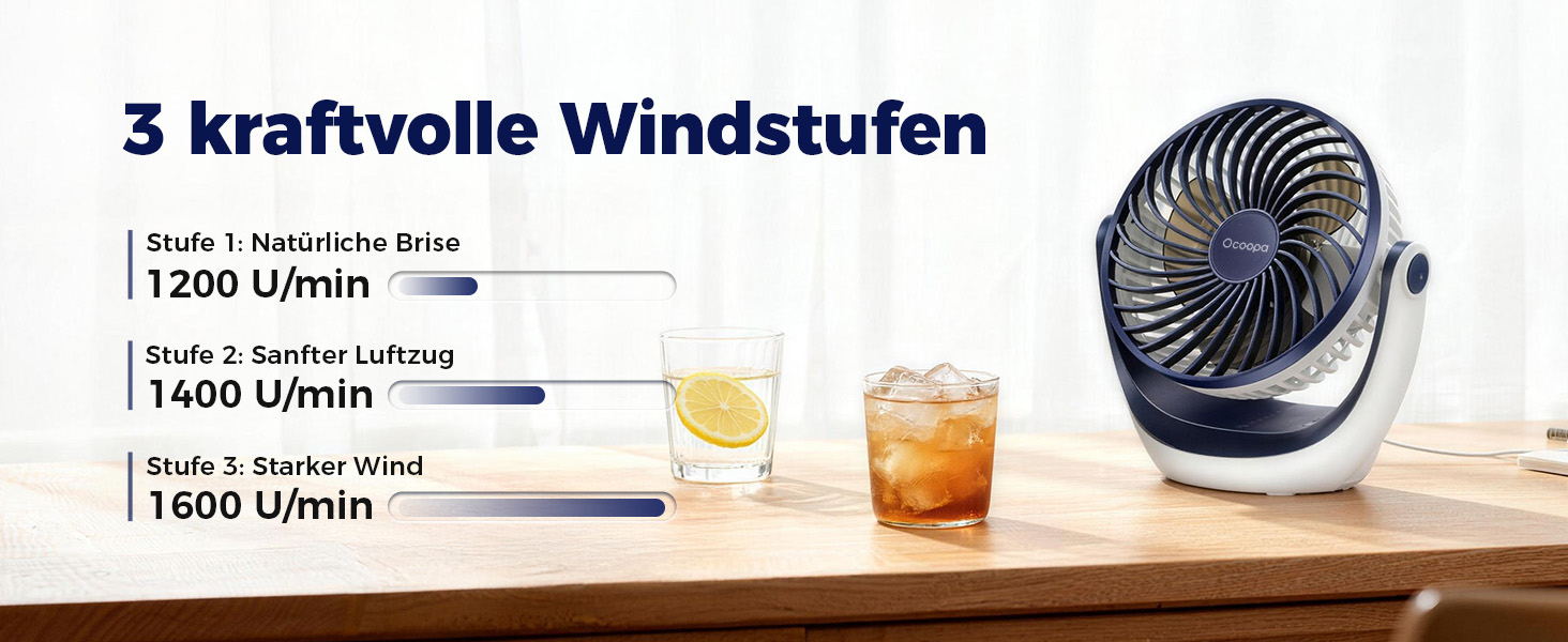 USB вентилятор OCOOPA: компактний настільний вентилятор з потужним потоком повітря та тихою роботою, 3 швидкості, 360° обертання, для офісу, дому та відпочинку на природі (коричневий)