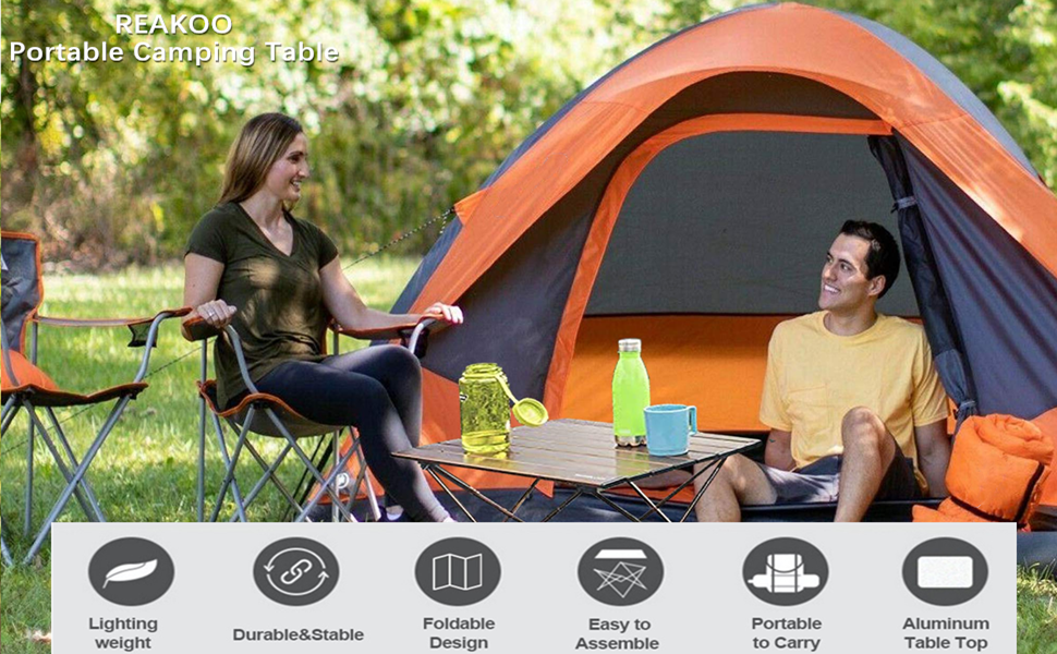 Складаний туристичний стіл Reakoo з алюмінієвою платформою, легкий та компактний. Ідеально для кемпінгу, пляжу, пікніків, грилю та фестивалів. Великий розмір.