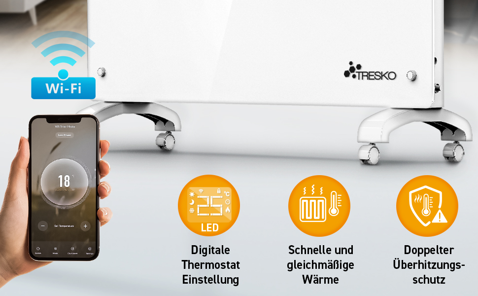 Конвектор TRESKO® 2000W з Wi-Fi, LED-дисплеєм та таймером | Електрична скляна панель опалення | Білий | 2000 Вт