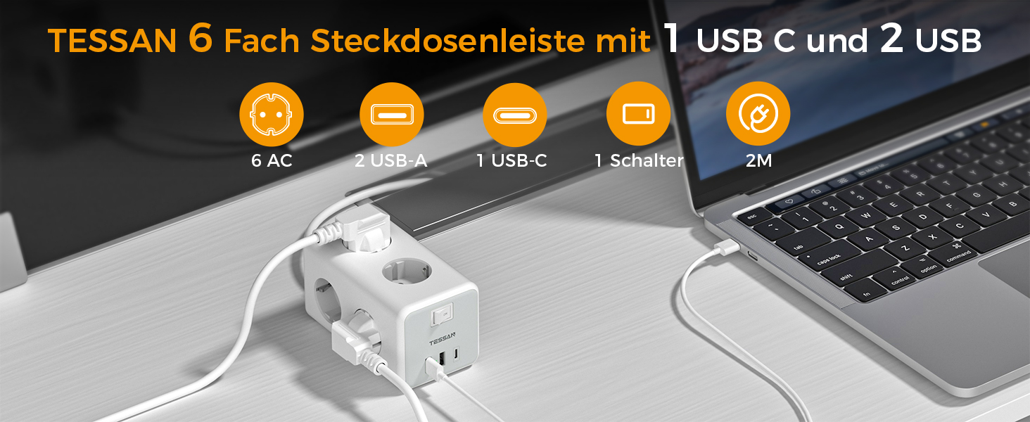 Мережевий фільтр TESSAN 6-fach з USB-C, 9 в 1 з вимикачем, 2 метри кабелю для дому та офісу