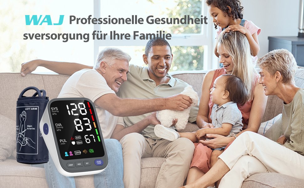 Тонометр WAJ для вимірювання артеріального тиску на плечі з великою манжетою (22-42 см) | LED-дисплей 6,4 дюйма | Виявлення аритмії | 2×120 місць пам'яті | Вимірювання пульсу | Білий