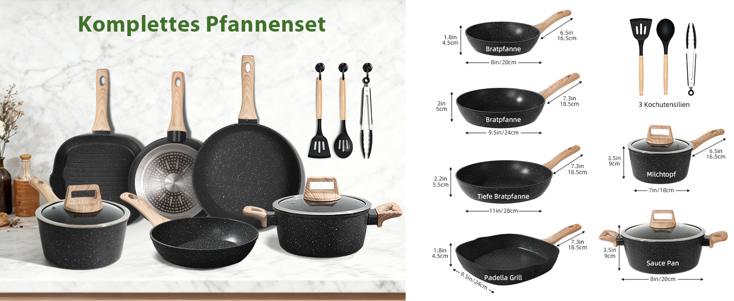 Набір каструль та сковорідок GMISUN 11 предметів з нержавіючої сталі, індукційне дно, для всіх типів плит, без PFOA/PFOS, чорний
