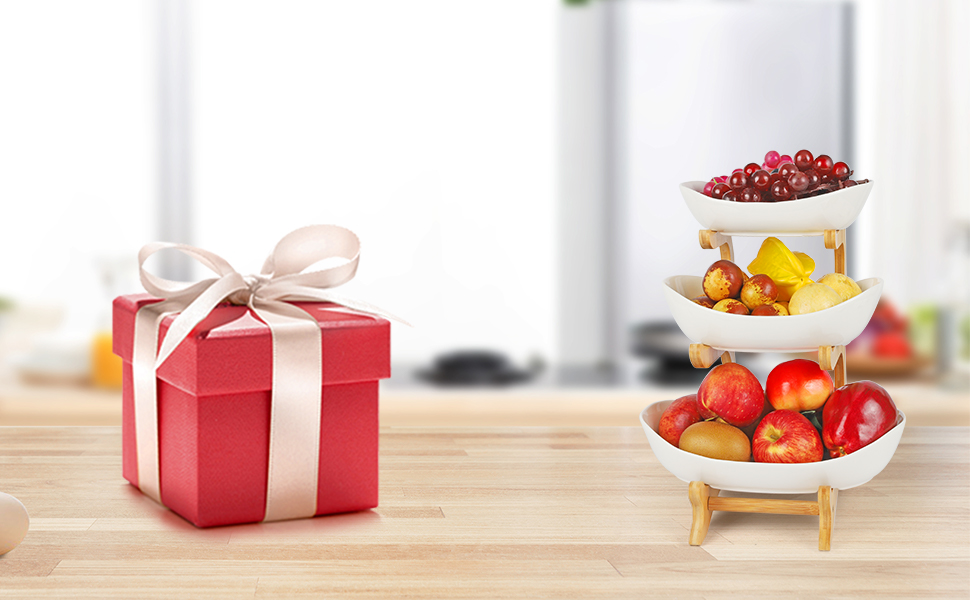 Багатоярусна фруктова миска з кераміки для кухні, 3 яруси, з дерев'яними підставками, для овочів, фруктів, снеків, декор