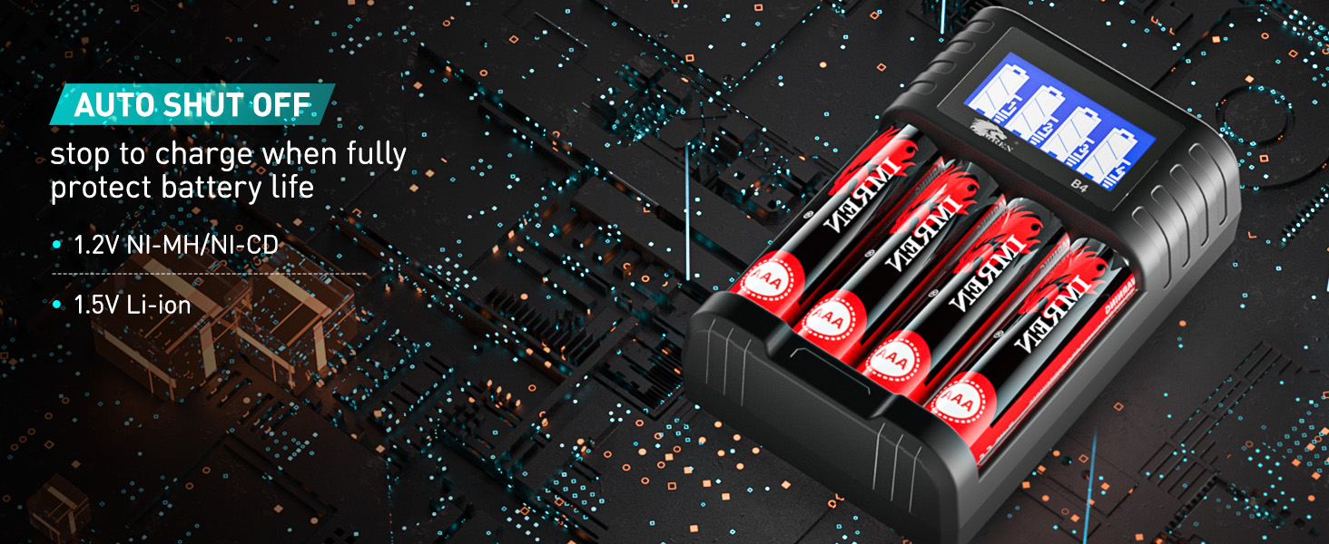 Зарядний пристрій IMREN для акумуляторів AA/AAA з 4 слотами, LCD дисплеєм та USB-C, 5V/2A, для NiMH/NiCD та Li-ion батарей