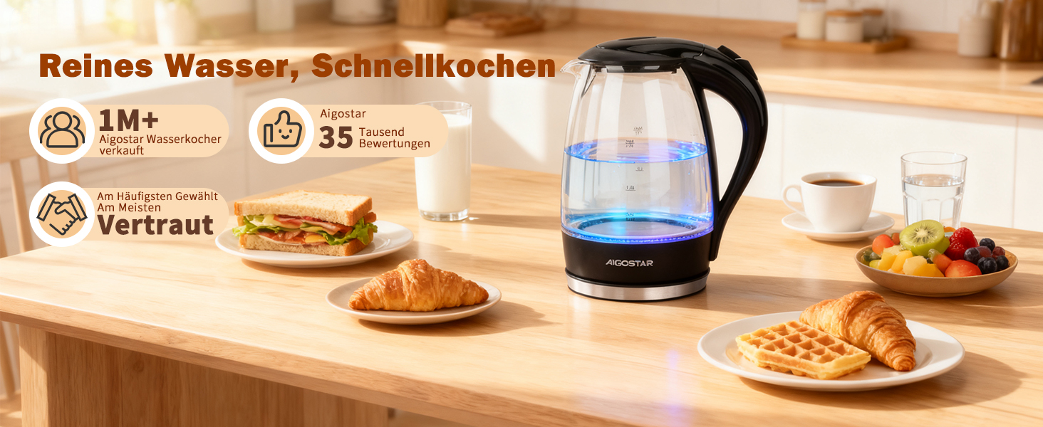 Електричний чайник Aigostar Adam, 1.7 л, 2200 Вт, LED, скло, без BPA, з фільтром від накипу, чорний